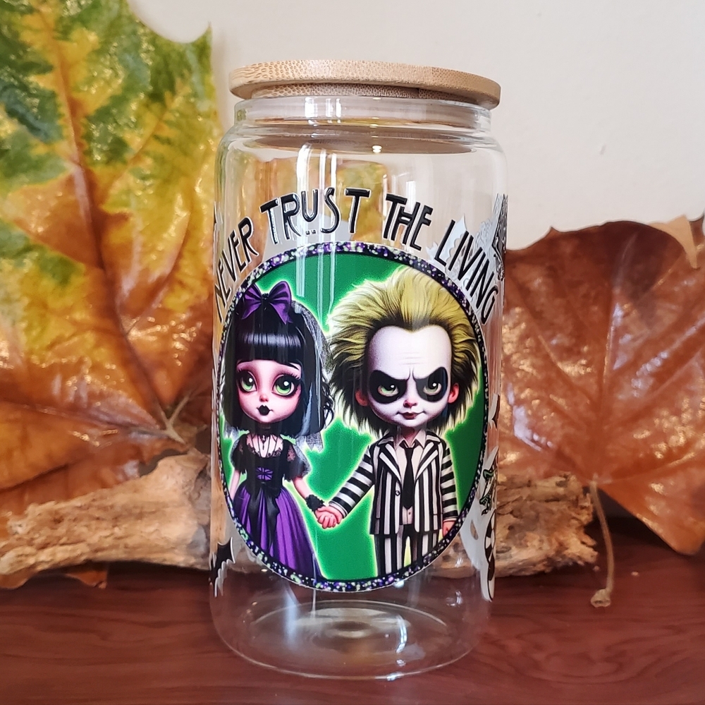 🏷3/$12 Fun Spooky Beetlejuice Glass Tumbler Bamboo Lid Glass straw
